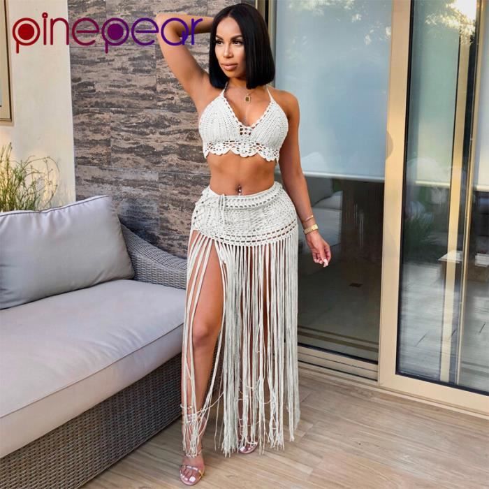 Robe Crochet Sexy pour femmes ensemble deux pieces assorties robe de plage piscine WHITE D2165 Blanc Cdiscount Pret a Porter
