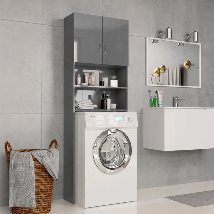 Meuble Pour Machine A Laver Meuble De Salle De Bain Armoire De Rangement Meuble Lavabo Eviergris Brillant 64 X 25 5 X 190 Cm Achat Vente Salle De Bain Complete Meuble