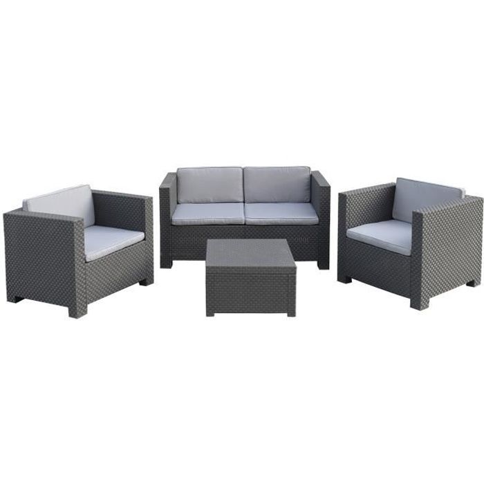 Salon de Jardin 4 Places en résine anthracite (1 table basse + 1 canapé 2 places + 2 fauteuils) Salon de Jardin 4 Places en résine anthracite (1 table basse + 1 canapé 2 places + 2 fauteuils)