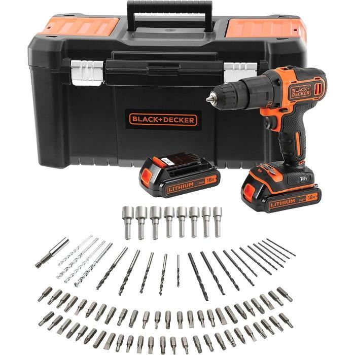 Perceuse-Visseuse Sans Fil 18V BLACK+DECKER BDCDC18BAFC-QW - 2 Batteries + 80 Accessoires