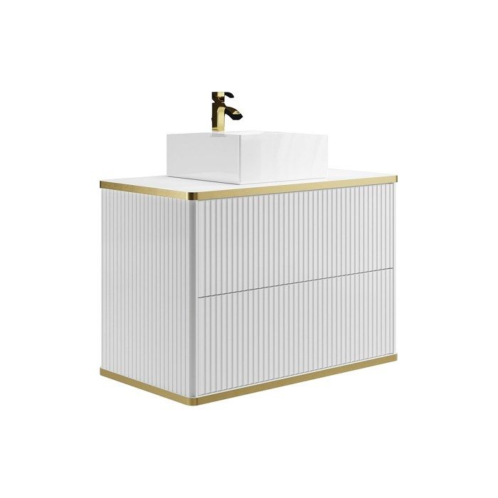 Meuble de salle de bain suspendu strié liseré doré avec vasque à poser carrée - Blanc - 80 cm - KELIZA