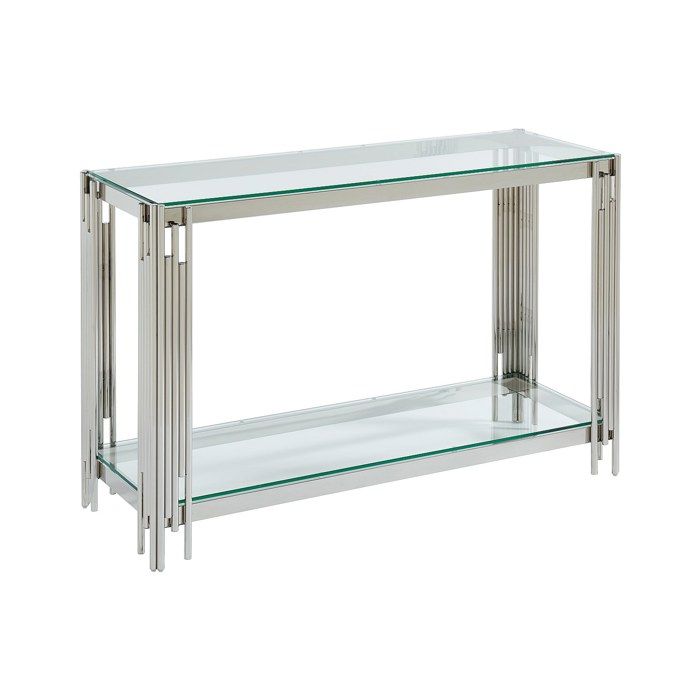 Console avec 1 étagère en verre trempé et acier inoxydable - Chromé - NOMELANO Console avec 1 étagère en verre trempé et acier inoxydable - Chromé - NOMELANO