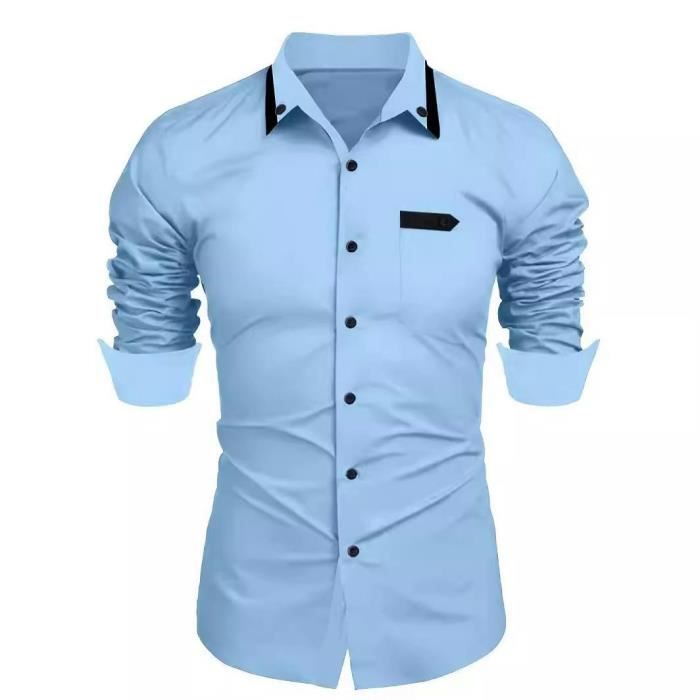 Chemise Homme Décontractée à Manches Longues - Col Boutonné, Poche Poitrine - Uni - Taille Grande