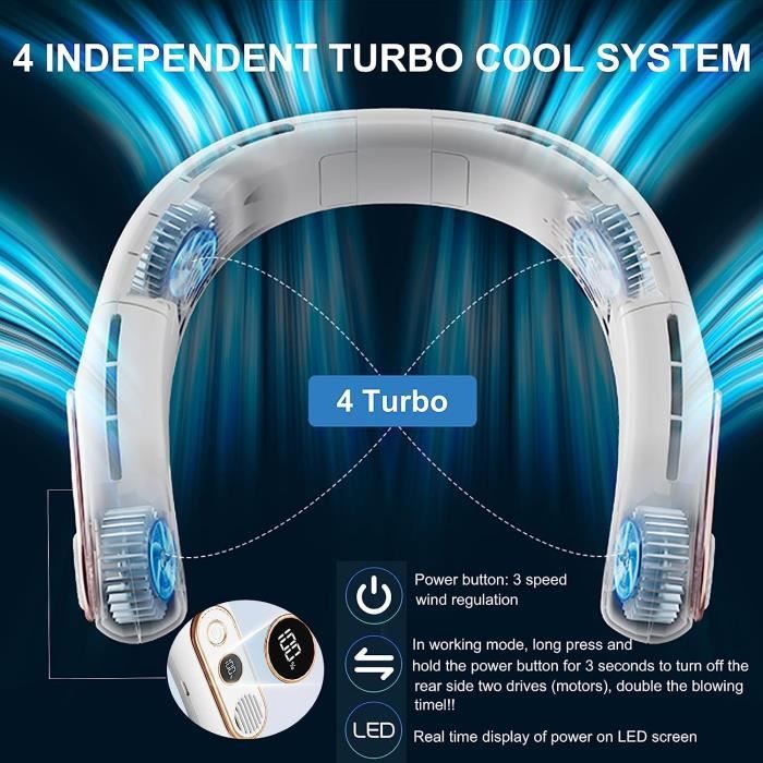 Ventilateur De Cou Pliable - Sans Lame - Rechargeable USB - 4 Vitesses - Affichage LED - Idéal Bureau Ou Voyage