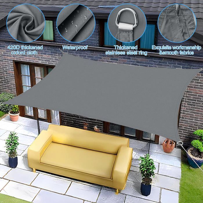 Voile D'Ombrage Rectangulaire 2x3 M Imperméable Gris – Toile Anti-UV 95% Pour Terrasse Jardin Balcon