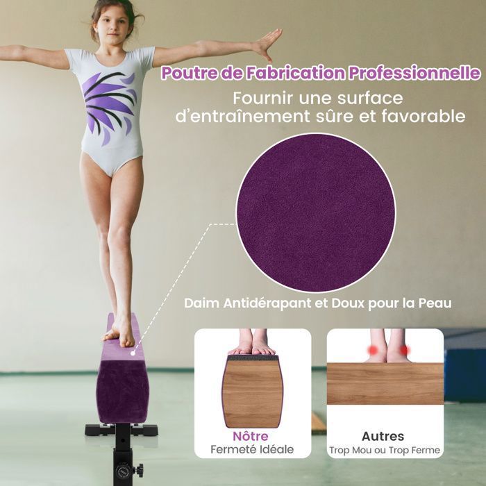 Poutre De Gymnastique COSTWAY 226 Cm – Hauteur Réglable 44/51,5/59 Cm, Cadre Métal, Pieds Et Roues – 100 Kg Max