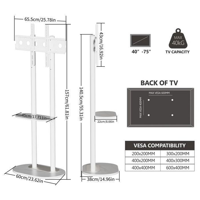 Support TV Universel Pour écran Plat 20 à 75 Pouces - Capacité 50 Kg, VESA Max 800x600 Mm, Sans Perçage - 10