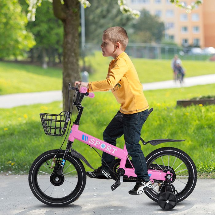 Vélo 16 Pouces Pour Enfant 5-8 Ans – Cadre Léger, Roues Stabilisatrices Réglables, Freins Doubles, Garde-Boue, Coloris Rose