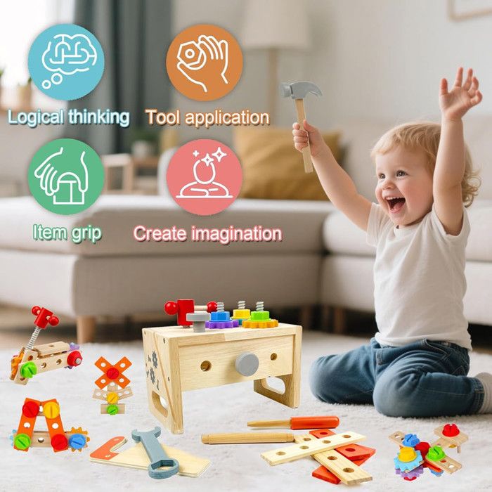 Jouet D’outils En Bois 29 Pièces – Boîte à Outils Montessori – Dès 2 Ans – Motricité Et Créativité