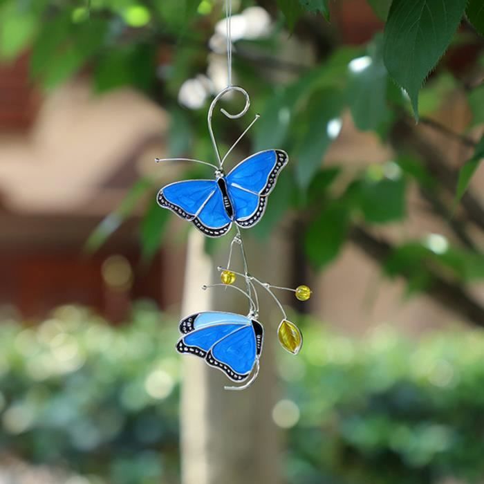 Deux Bleu Papillons Haute Suncatcher Vitraux Fenêtre Panneau