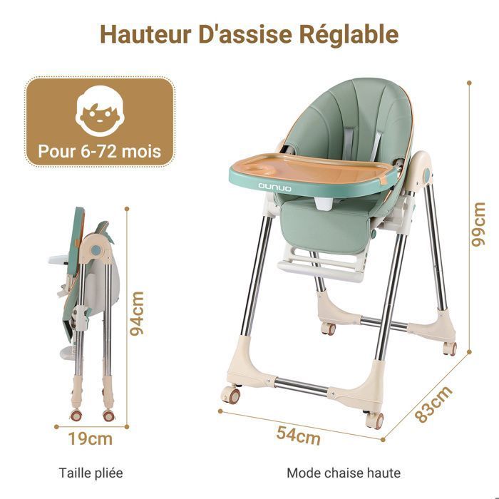 Chaise Haute évolutive Ms BabyWorld Tasty - 7 Hauteurs, 3 Inclinaisons, Plateau Amovible - Pliable, Portable, Jusqu'à 3 Ans (15 Kg)