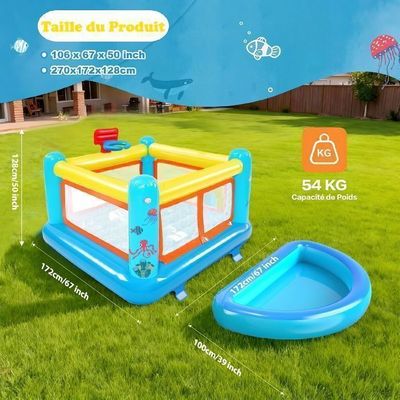 Château gonflable 3 places avec toboggans, trampoline et piscine à balles en tissu Oxford multicolore - Jeux - Jouets
