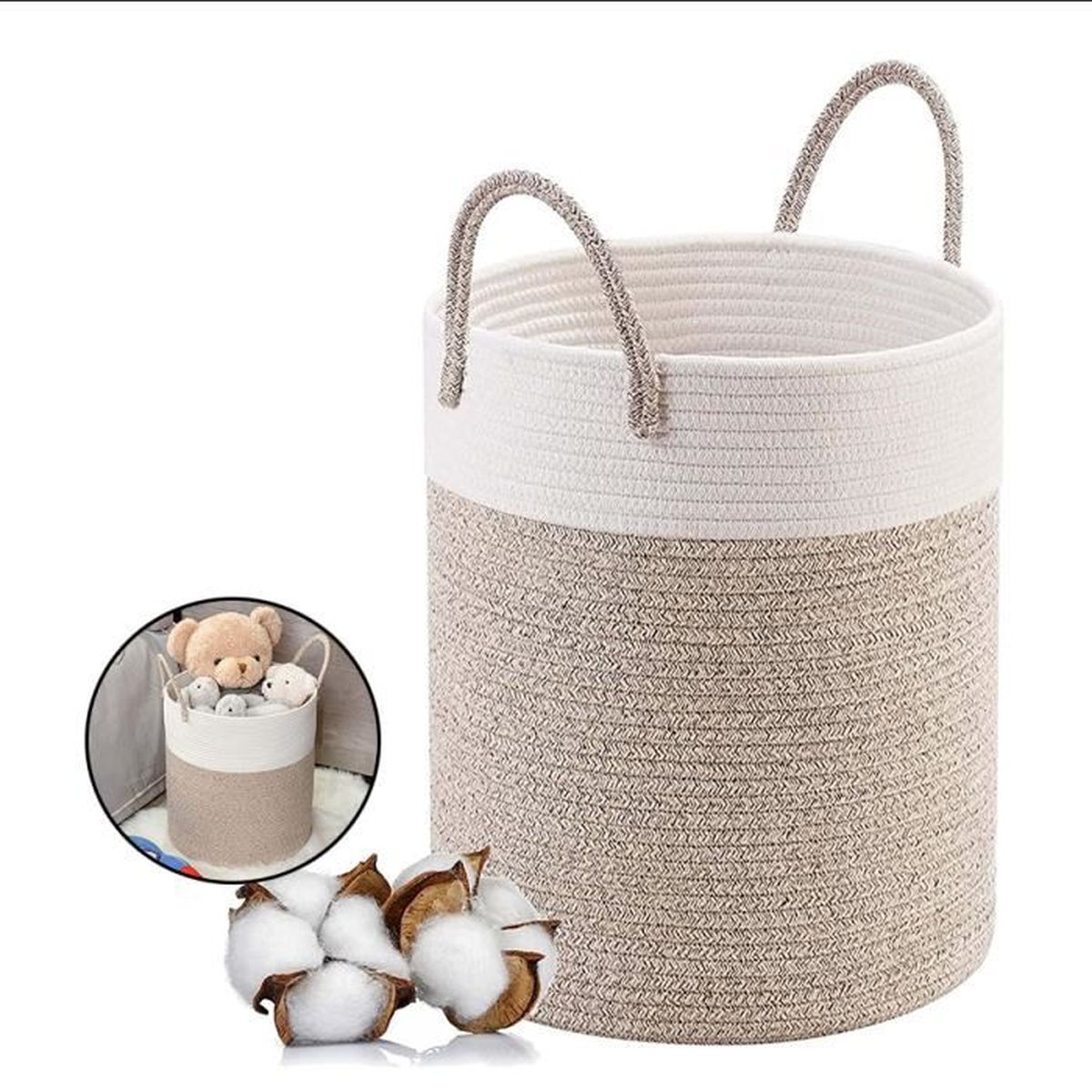 Panier à Linge 95L En Corde De Coton Rayé - Avec Poignées Cuir, Pliable, Rangement Chambre, Salon, Buanderie