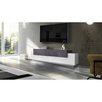 Meuble TV de salon - DMORA - 3 portes - Blanc Brillant et Gris Frêne