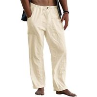 Pantalon Coton Lin Homme Yoga Décontracté Pantalons Toile Homme Leger Été Pantalon Taille Elastique Placket Zipper - Kaki