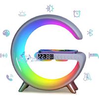 Support de chargeur sans fil multifonctionnel 15W Veilleuse RGB Réveil Haut-parleur APP Charge rapide pour iPhone 11-14 Samsung Blan