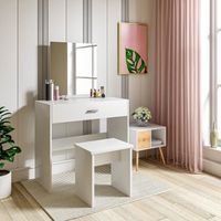 WOLTU Coiffeuse Table avec Miroir et tiroir + Coiffeuse Tabouret, 82x39x132cm Blanc