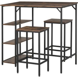 MANGE-DEBOUT Ensemble table de bar 3 étagères 2 tabourets style industriel métal noir aspect vieux bois veinage
