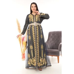 DJELLABA – CAFTAN – TAKCHITA Caftan Rim gris dore perle takchita abaya karakou grande taille robe dubai oriental