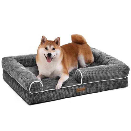 Panier Chien Orthopédique FUKUMARU - Mousse Alvéolée épaisse, Housse Lavable, Velours Côtelé | Vert Et Gris | Idéal Grandes Races Et Chiens âgés
