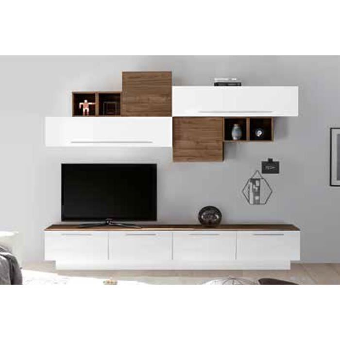LUDOVICA 5 LAQUE BLANC ET NOYER FONCE ENSEMBLE COMPOSITION MURALE MEUBLE TV TENDANCE