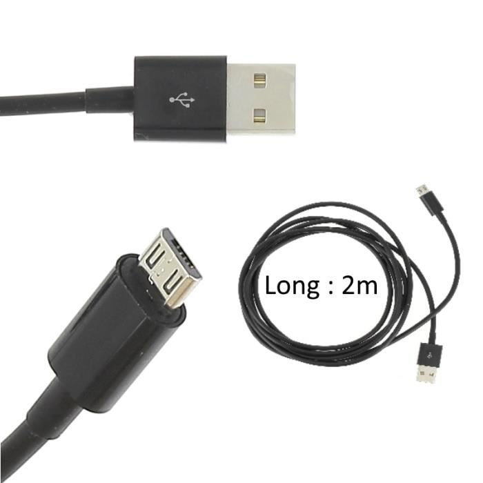 Câble Micro USB Noir 2M Pour HUAWEI P Smart+ 2019 - Y5 2019 - Y6 2019 - Honor 8A - Y7 2019 - Honor 10 Lite - P Smart 2019 - ... et +