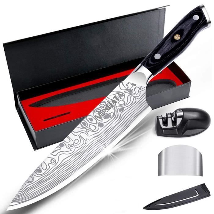 Couteau de cuisine MOSFiATA 8-, couteau de chef professionnel avec protège-doigts et affûteur de couteaux, Acier inoxydable allemand