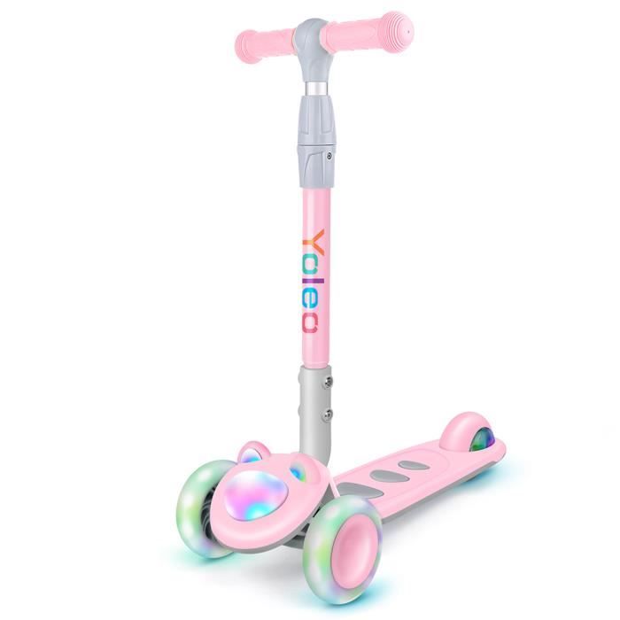 YOLEO Trottinette Pliable Hauteur Réglable 65-78, Trottinette Fille 2-8 ans Rose 3 Roues avec Flash LED, Design Chaton, Pliant Scoot
