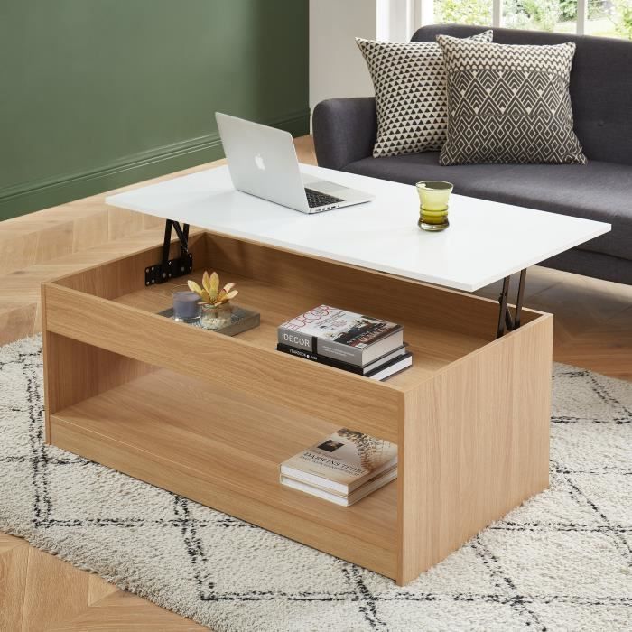 ABEL Table basse avec plateau relevable - décor bois et blanc - L110cm