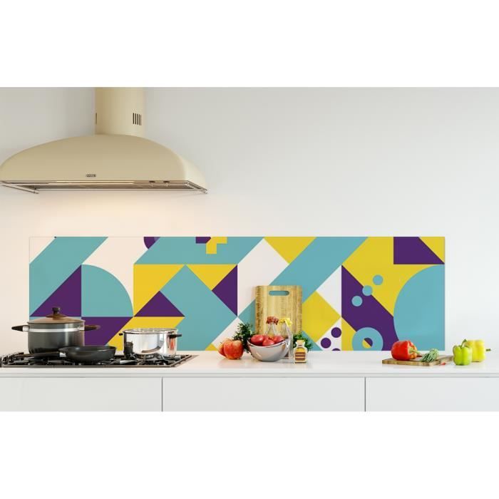 Crédence de cuisine adhésive en Panneau composite aluminium -Composition géométrique jaune, turquoise et violet style scandinave...