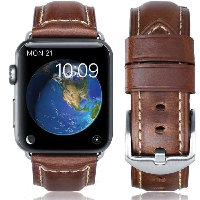 Bracelet en cuir véritable pour Apple Watch Band Series 8/7/6/5/4/3/2 couleur marron Pour iWatch 42mm ou 44mm45mm49mm