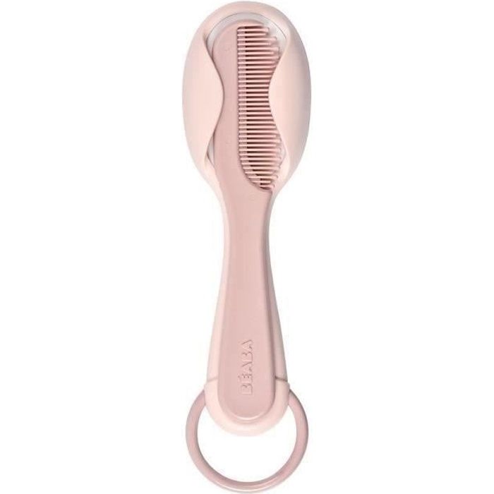 BÉABA, Peigne + brosse à cheveux, bébé/enfant, Système de rangement du peigne intégré au dos de la brosse, Old Pink