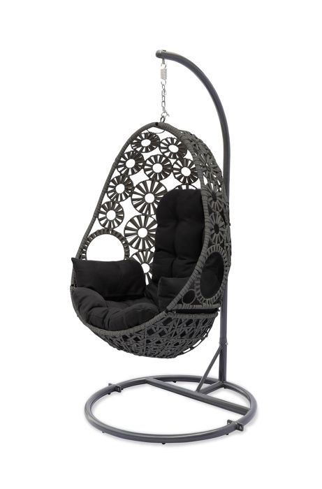 Fauteuil suspendu SAMOA avec coussin noir et résine tressée - Gris Anthracite