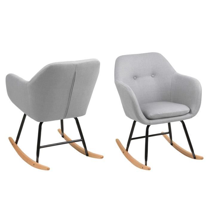 Chaise avec accoudoirs Hermeline revêtue de tissu gris clair et avec pieds en métal/bois.