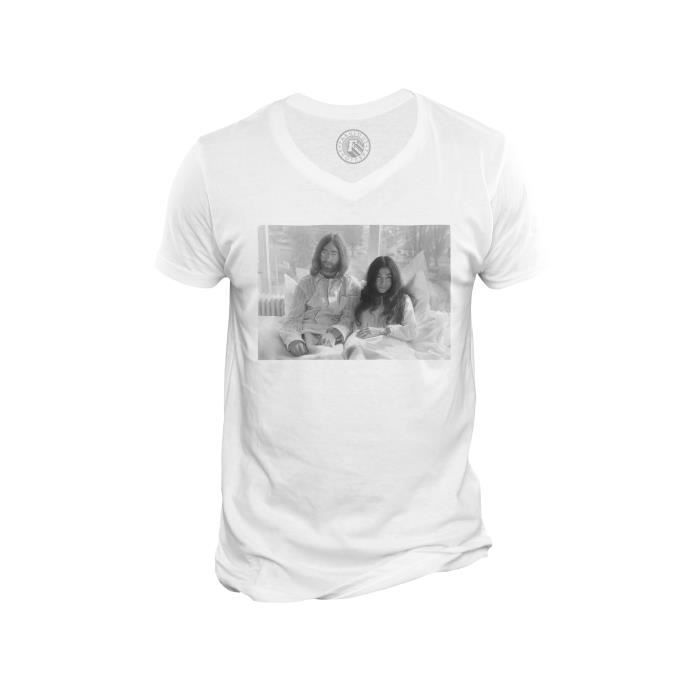 T-shirt Homme Col V John Lennon Yoko Ono Vintage Beattles Noir & Blanc 70's
