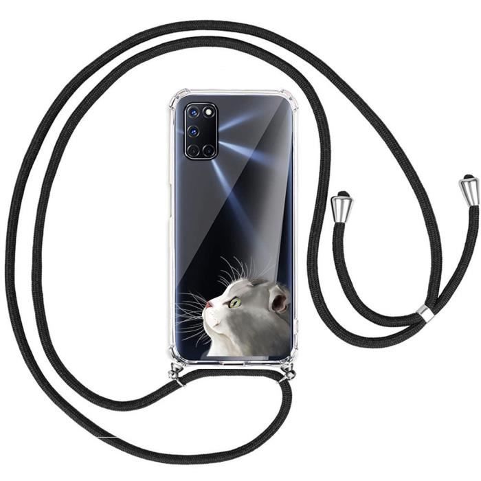 Coque Collier pour Oppo A54 5G/A74 5G avec Cordon Transparente TPU Bumper Réglable Lanyard Case Motif Chat Gris