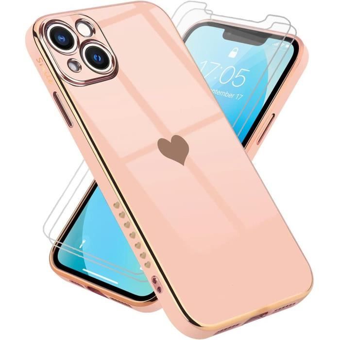 Coque Pour iPhone 13 (6,1-) Rose Lot 2 Verres Trempés Motif coeur Anti-Rayure Galvanisé Or Souple TPU Luxe