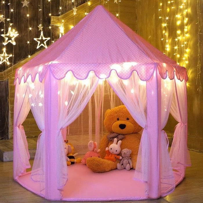 Tente Princesse Fille, Rose Tente de Jeu Enfant Intérieur Hexagone Château Palace Cabane de Princesse de Jeux pour Enfant