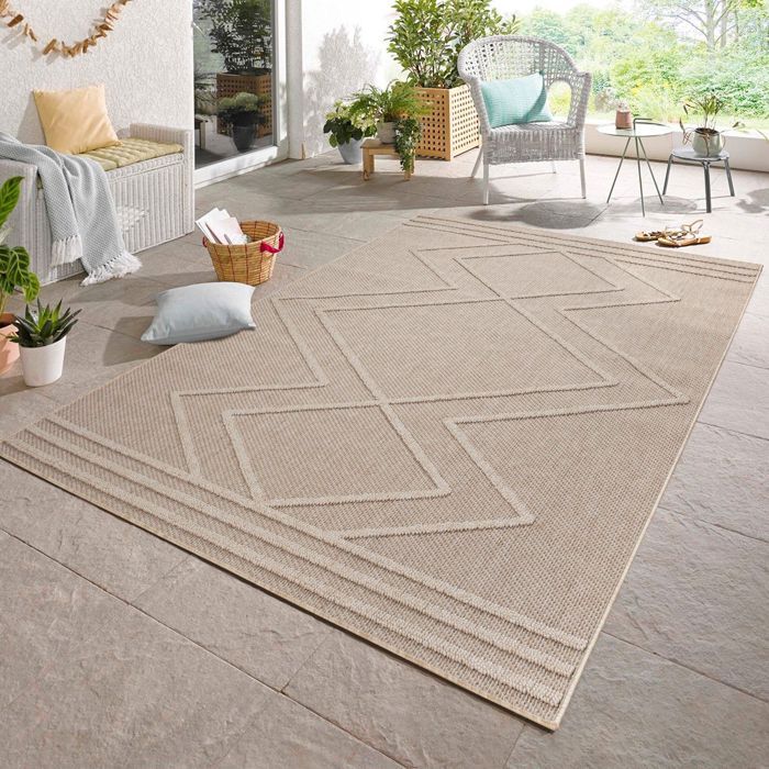 Carpetsale24 Tapis d'extérieur design géométrique effet jute 280x370 cm résistant & imperméable, idéal cuisine, balcon, terrasse - Maison