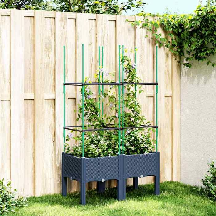 vidaXL Jardinière avec Treillis Bac à Fleurs Pot à Plantes Boîte à Fleurs Jardin Terrasse Patio Extérieur Bleu Gris 367951