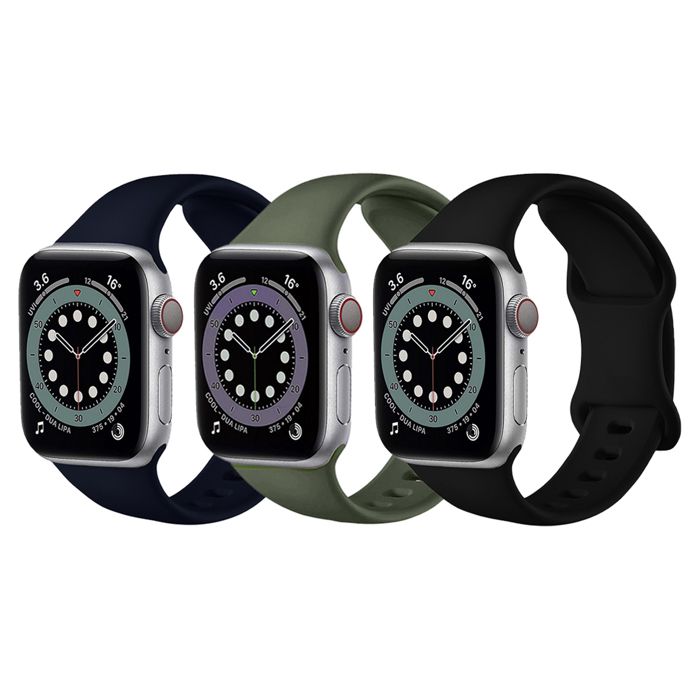 Pack 3 Bracelet Silicone Souple Noir/Kaki/Bleu Nuit compatible avec Apple watch 42mm 44mm 45mm 49mm Serie 9 8 7 6 5 4 3 2 1 SE