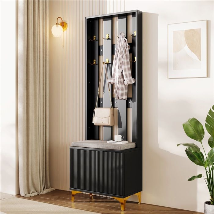 Ensemble Armoire Avec Banc À Chaussures Et Coussins Armoire Avec Crochets Meuble D Entree Pour Entrée Et Chambre Noir