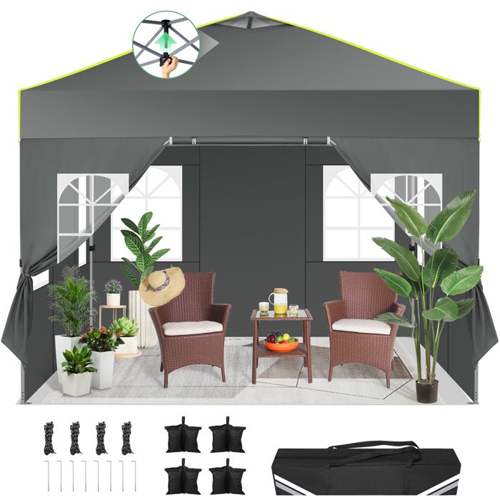 Tonnelle de Jardin 3x3m Exterieur Imperméable avec 4 Panneaux Latéraux Chapiteau-Gris