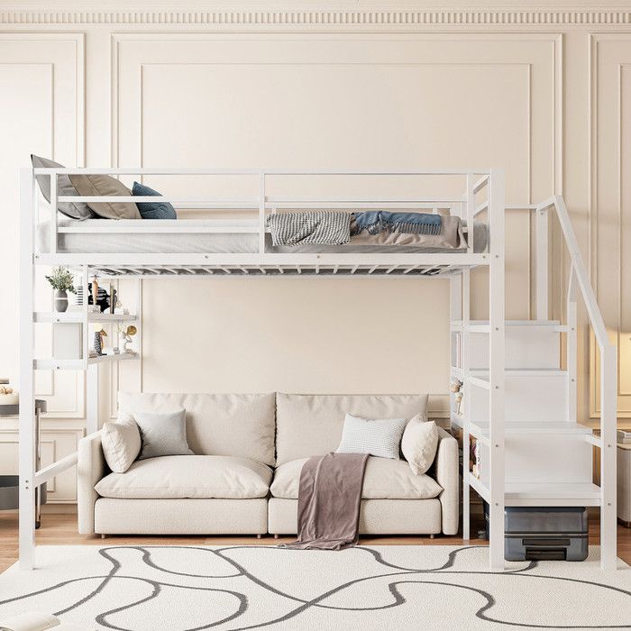 Lit mezzanine 140x200 cm - Cadre en fer - Étagères de rangement - Garde-corps sécurisé - Design contemporain