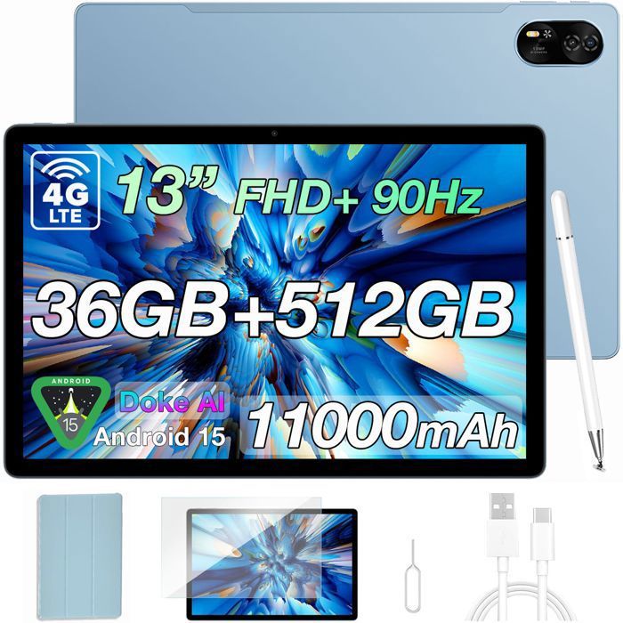 Blackview Mega 8 Tablette Tactile 13.0 90Hz Écran 36 Go + 512 Go 11000mAh 50MP Android 15 Dual SIM 4G Tablette PC GPS – Bleu