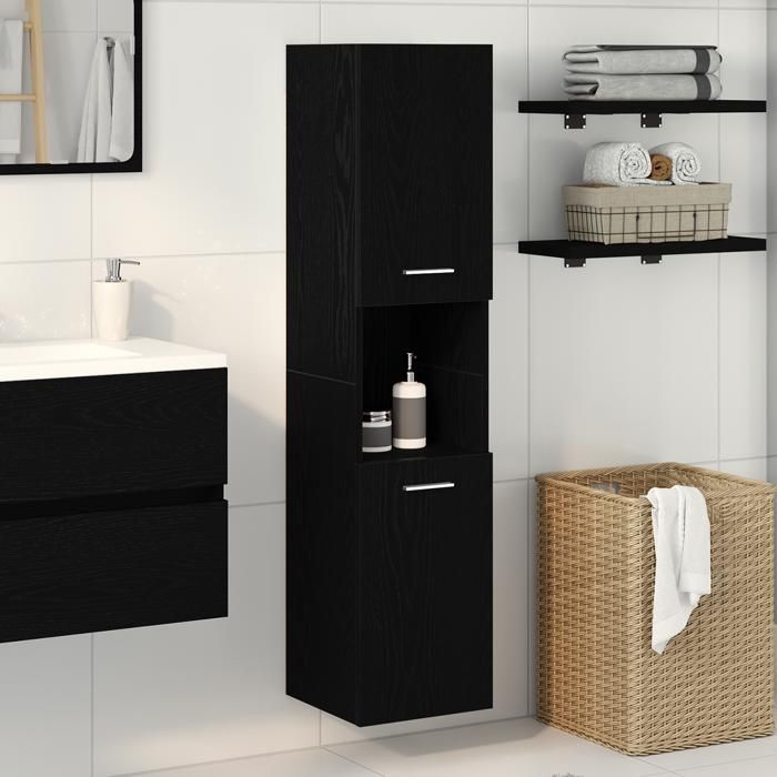 Moderne Armoire Murale de Salle de Bain Noir Chêne 30x30x130 cm Bois Aggloméré @FR(360318)