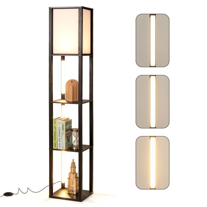 Lampadaire Salon en Bois 163cm COSTWAY 4 Étagères 3 Luminosité Réglable Abat-jour Bandes LED Rotatives Interrupteur au Pied