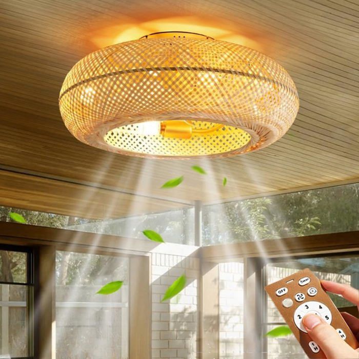 Ventilateur de Plafond avec Lumière et Télécommande Silencieux 6 Vitesses Rotin Naturel Tissé Lampe de Plafond 50cm Minuteur - Prumya