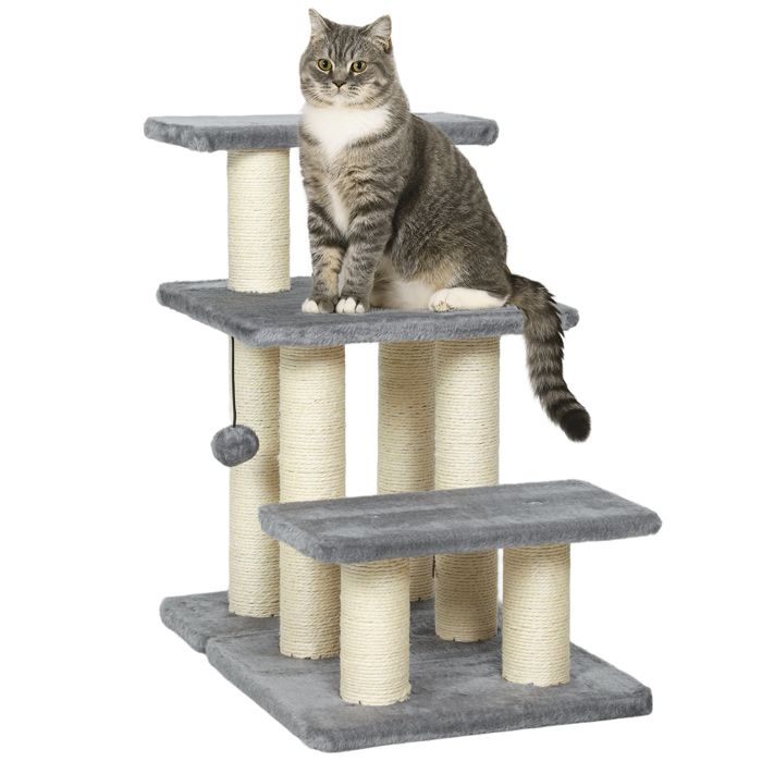Meilleurs prix pour Escalier pour animaux domestiques - PawHut - réglable - 3 marches - avec griffoirs en sisal et balle - 52 x 345 x 54 cm - gris