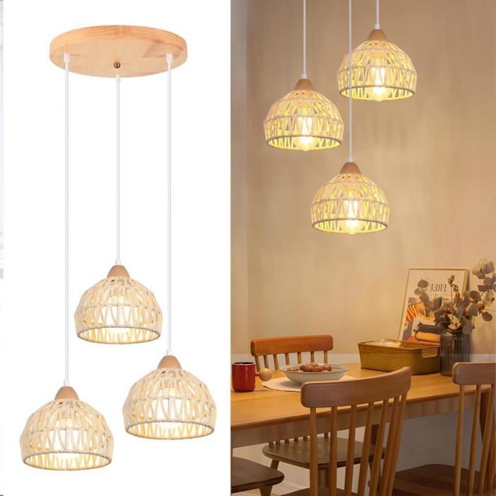 Lustre suspension - Cercle - 3 lampes E27 - Rotin blanc & bois - Vintage industriel